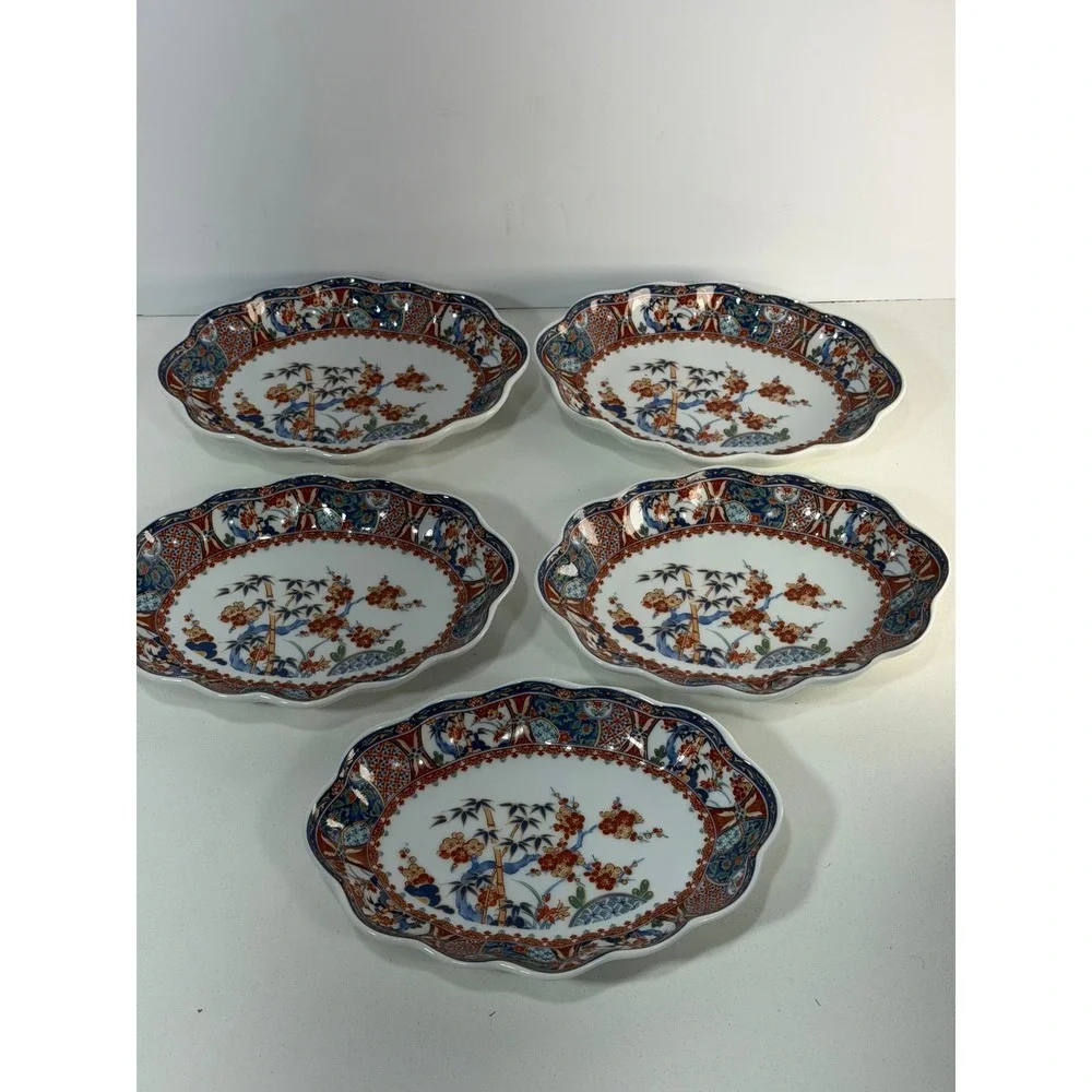 Japanese Arita Imari Porcelain Oval Scalloped Bowls Bamboo Floral Set of 5 Japan